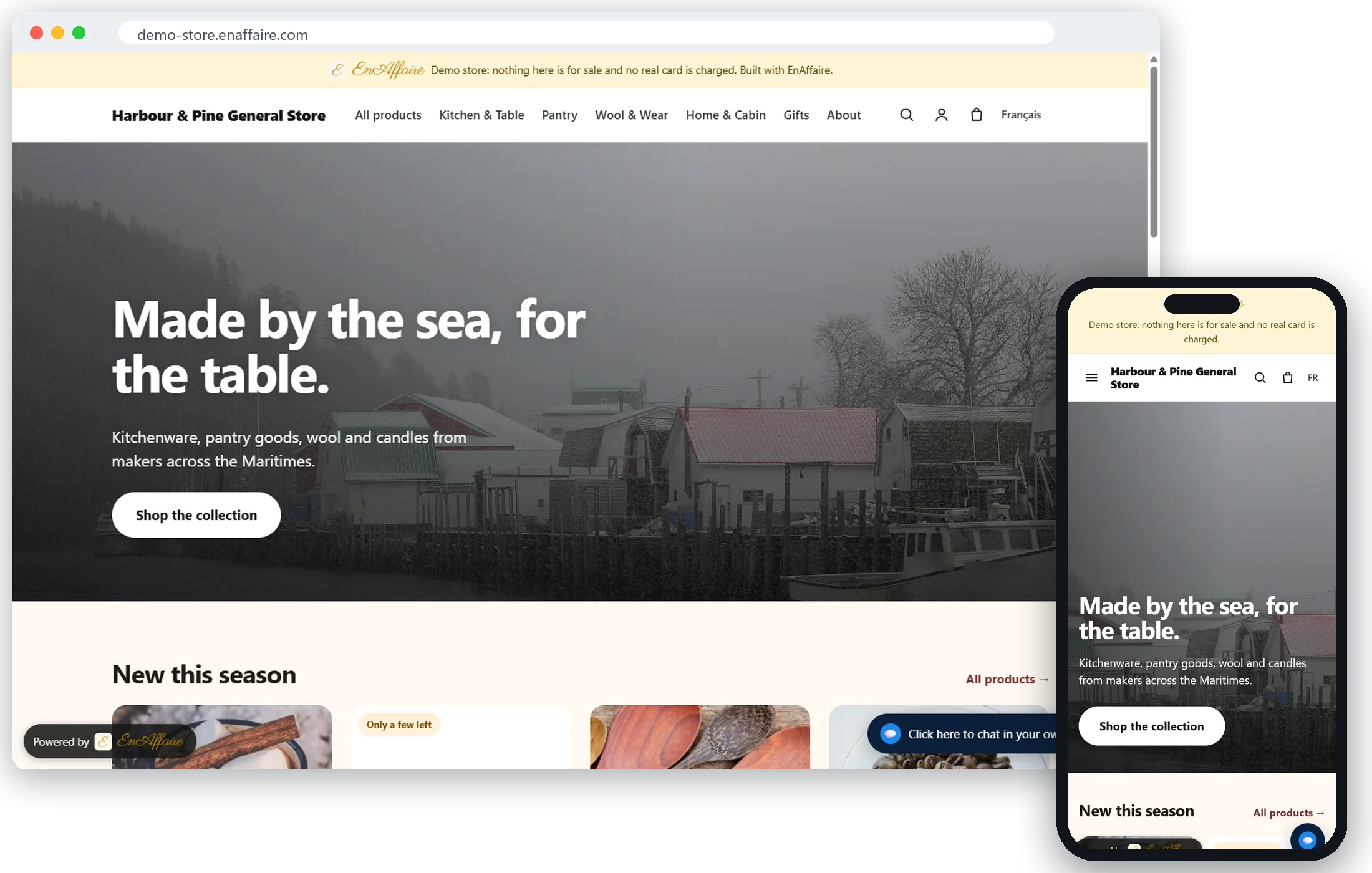 Harbour & Pine General Store, a demo online store with collections, reviews and checkout, on a laptop and a phone