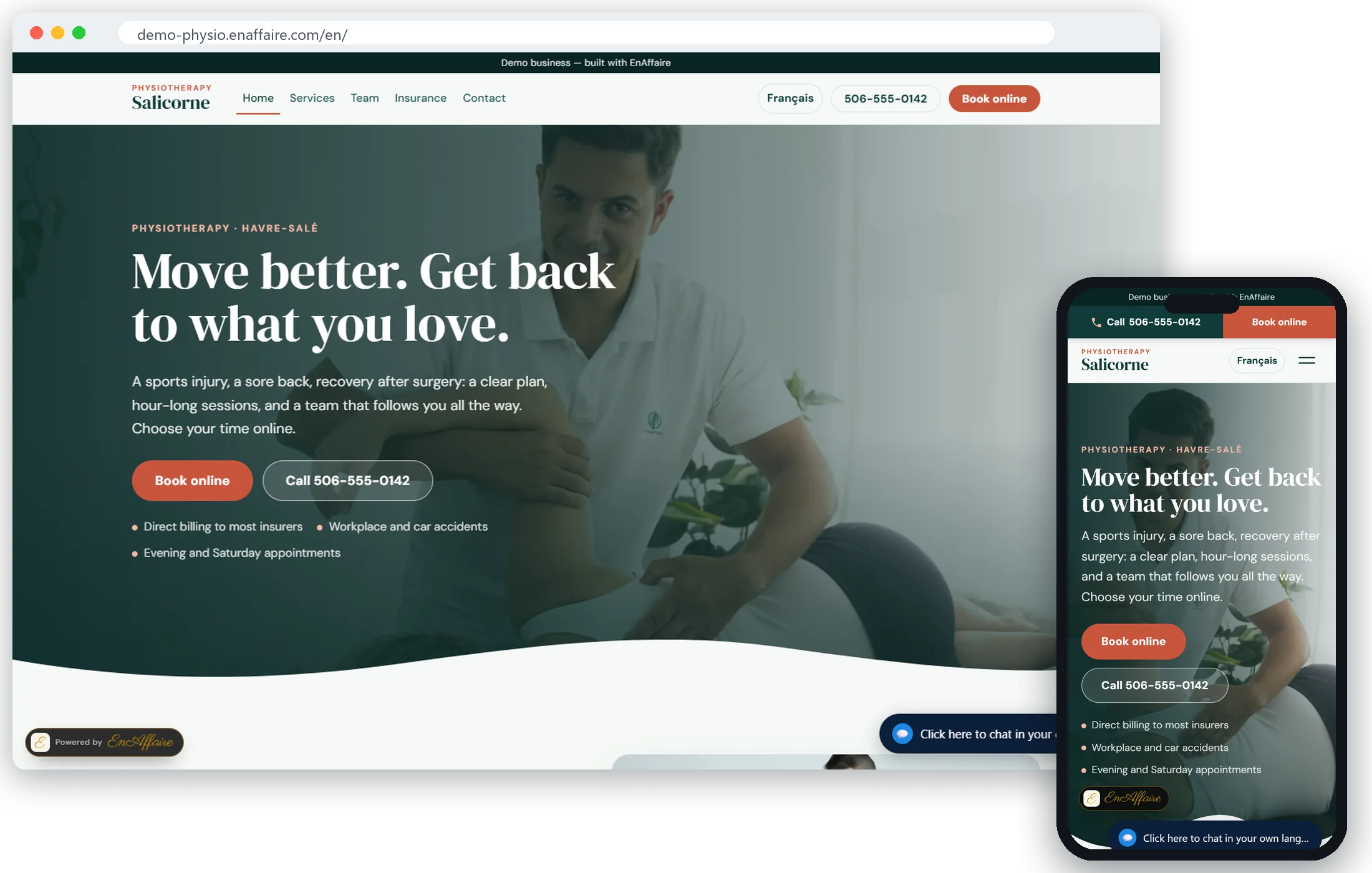 Salicorne Physiotherapy, a demo clinic website with online booking, on a laptop and a phone