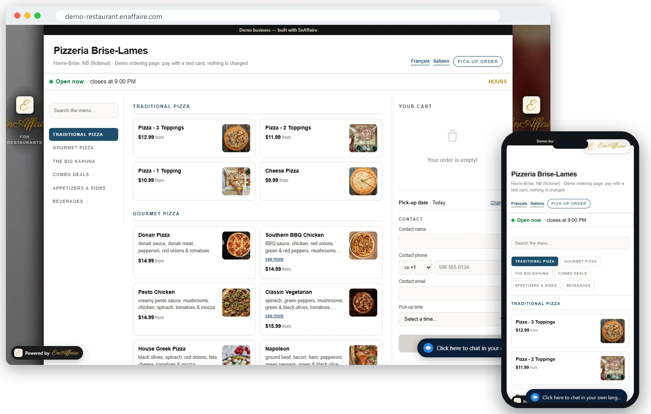 Pizzeria Brise-Lames, a demo pizzeria ordering page with its menu, cart and checkout, on a laptop and a phone