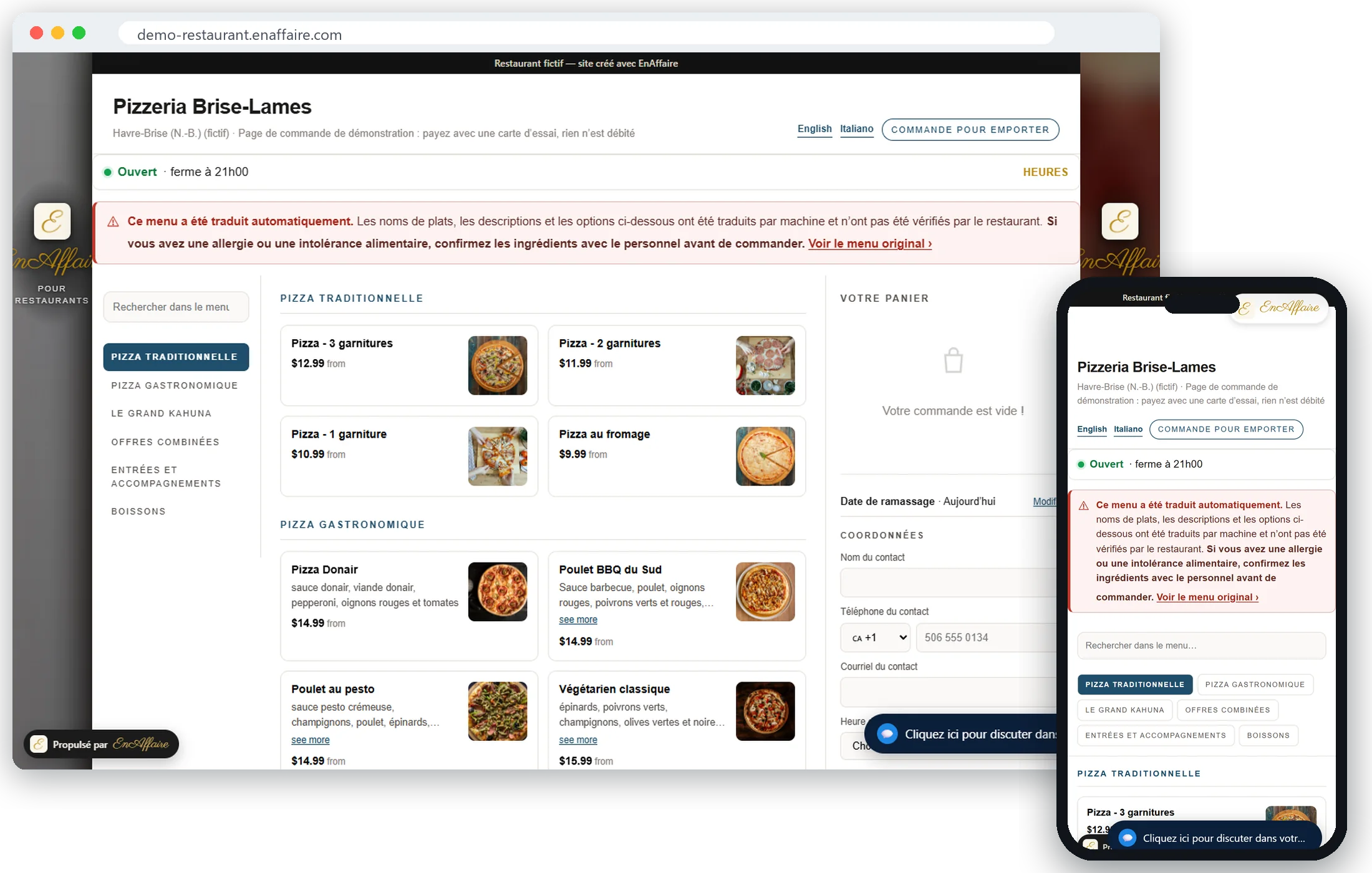Pizzeria Brise-Lames, une page de commande de pizzeria fictive avec menu, panier et paiement, sur un portable et un t&eacute;l&eacute;phone